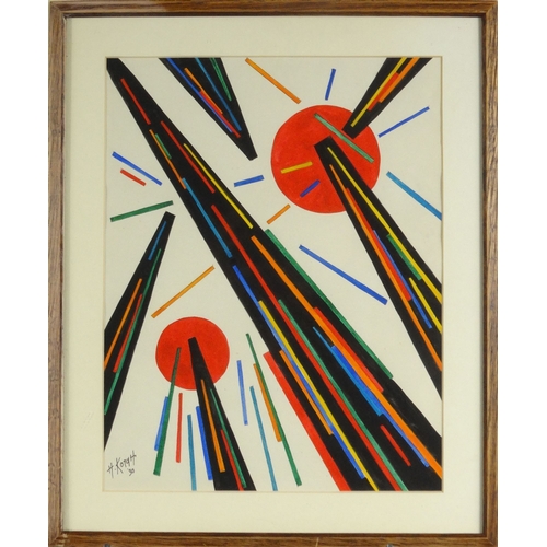 1220 - Watercolour onto paper geometric composition of lines, bearing a signature H. Koiqh 30?, mounted and... 