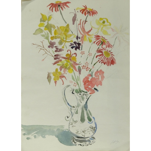 1246 - Watercolour onto paper view of still life in a jug, bearing a monogram, 37cm x 26cm