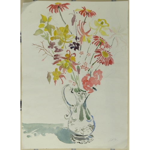 1246 - Watercolour onto paper view of still life in a jug, bearing a monogram, 37cm x 26cm