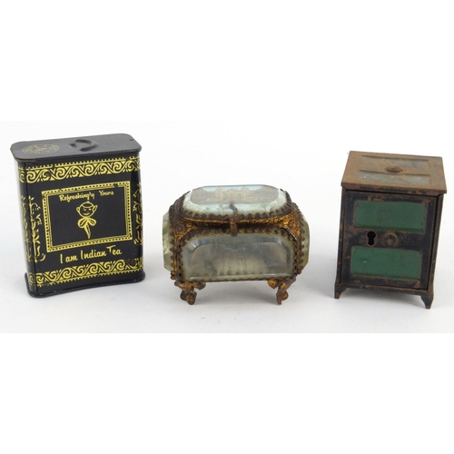 57 - Novelty cast iron moneybox in the form of a safe, brass jewellery box with souvenir scene top and Te... 