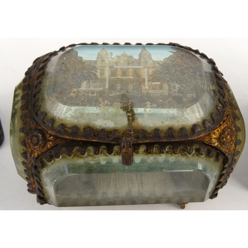57 - Novelty cast iron moneybox in the form of a safe, brass jewellery box with souvenir scene top and Te... 