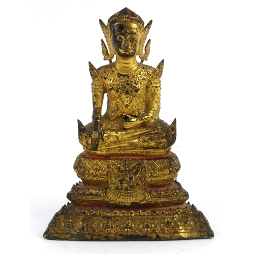 574 - Oriental Chinese gilt bronze Buddha, 16cm high