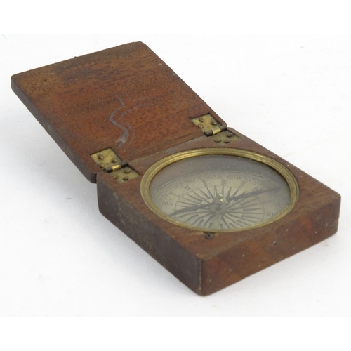 30 - Victorian mahogany brass pocket compass with paper dial, 6.5cm square