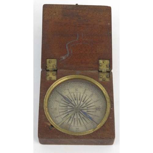 30 - Victorian mahogany brass pocket compass with paper dial, 6.5cm square