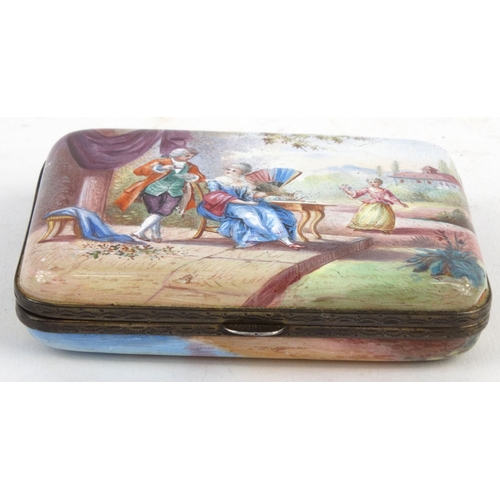 34 - Enamel trinket box hand painted with lovers scenes and with chased gilt silver metal edges, 18cm x 6... 