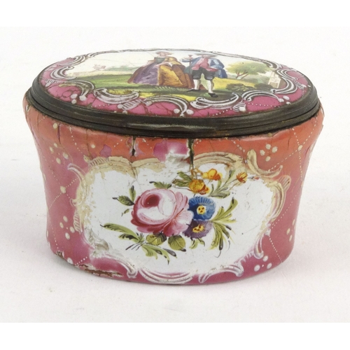 33 - Enamel trinket box with gilt metal mounts decorated with a lady and gentleman and floral panels, 4.5... 