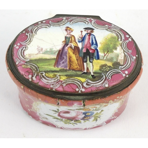 33 - Enamel trinket box with gilt metal mounts decorated with a lady and gentleman and floral panels, 4.5... 