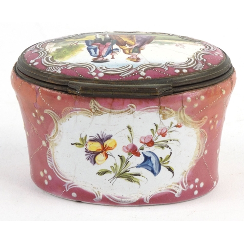 33 - Enamel trinket box with gilt metal mounts decorated with a lady and gentleman and floral panels, 4.5... 