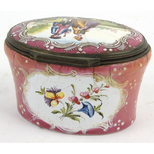 33 - Enamel trinket box with gilt metal mounts decorated with a lady and gentleman and floral panels, 4.5... 