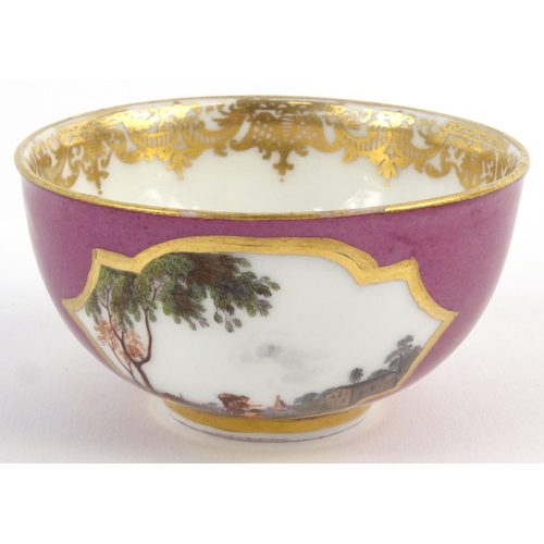 728 - Meissen porcelain tea bowl hand painted with a landscape and figure scene, underglazed cross swords ... 