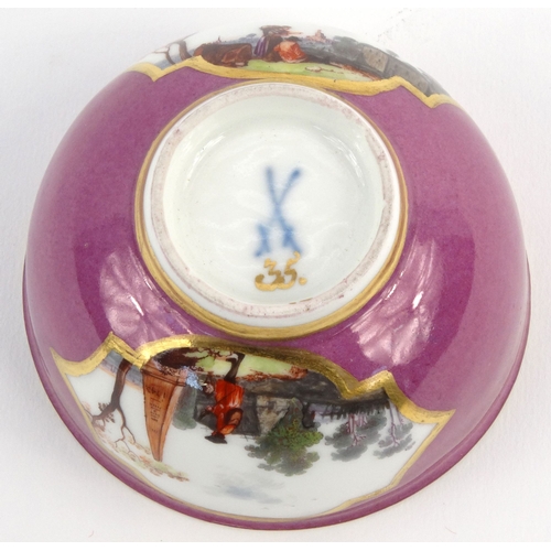 728 - Meissen porcelain tea bowl hand painted with a landscape and figure scene, underglazed cross swords ... 