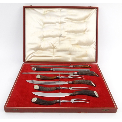 44 - Horn handled carving set, Asprey Bond Street, housed in a fitted red velvet silk lined box By Appoin... 