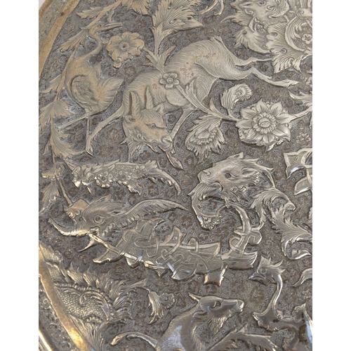 295 - Unmarked Persian Islamic silver box and cover decorated with mythical beasts and crest, signature ma... 