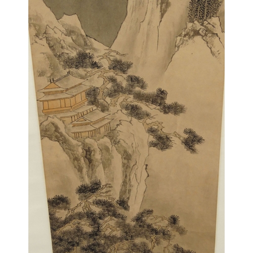 676 - Xiongcai Li Chinese coloured scroll with views of steep mountain with rain falling, signed and chara... 