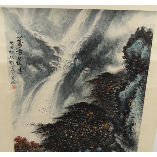 675 - Puru Chinese coloured scroll with a view of a temple hidden in the mountain with waterfall, signed a... 