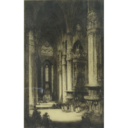 1230 - Morang - Black and white etching of a cathedral interior, contemporary mounted and framed, blind sta... 