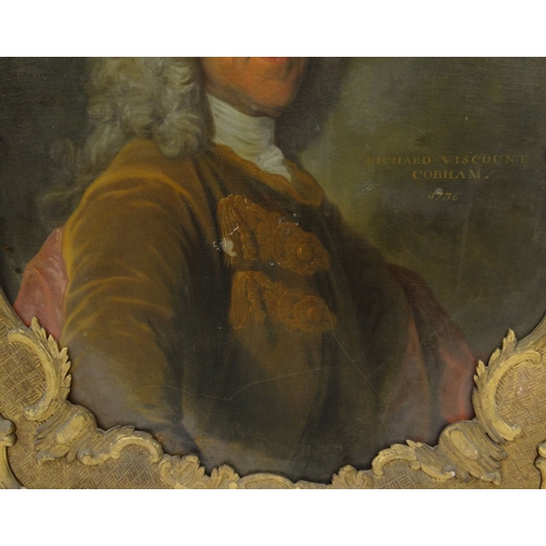 1124 - Oil onto canvas portrait of Richard Viscount Cobham 1756, mounted in a gilt wood frame, 110cm x 82cm... 