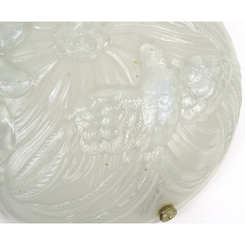 775 - French opaline glass ceiling light moulded with birds, with gilt metal fittings, 34cm diameter