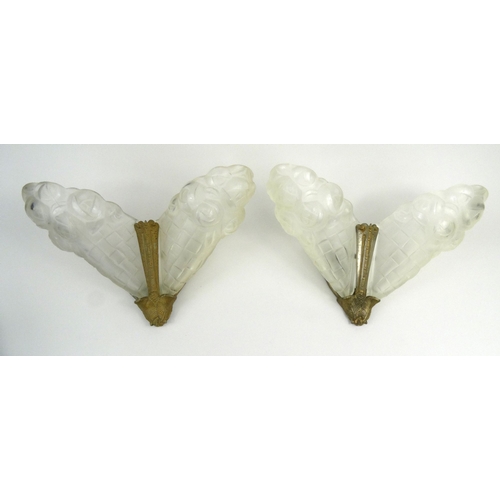 776 - Pair Art Deco Dejue frosted cone shaped glass wall lights, moulded signature, each 39cm high