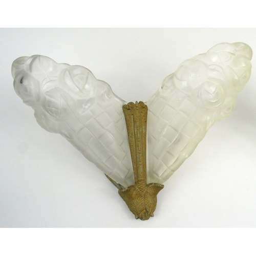 776 - Pair Art Deco Dejue frosted cone shaped glass wall lights, moulded signature, each 39cm high