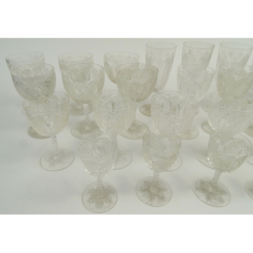 756 - Good quality cut glass decanter with a selection of matching glasses