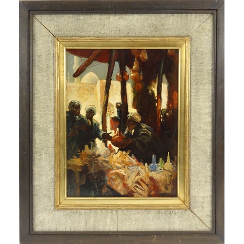 1117 - Hal Hurst - Oil onto panel of Middle Eastern gentlemen in a bazaar, mounted and framed, 36cm x 26cm ... 