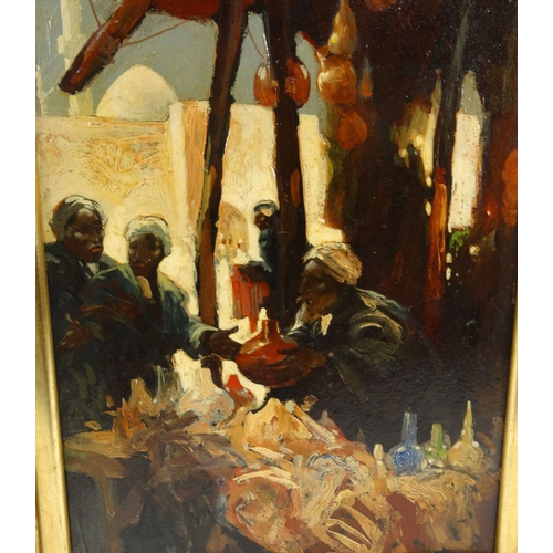1117 - Hal Hurst - Oil onto panel of Middle Eastern gentlemen in a bazaar, mounted and framed, 36cm x 26cm ... 