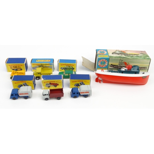 568 - Boxed Scalex clockwork tug boat and boxed Matchbox lorries and cars