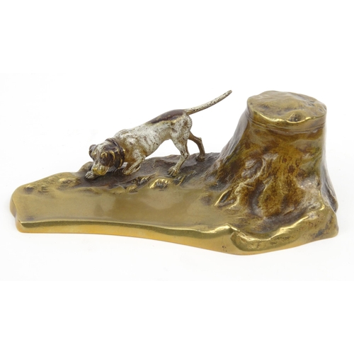 6 - Cold painted bronze hunting dog inkwell, 19cm wide
