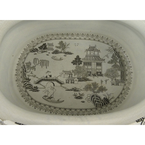 705 - Large Victorian ironstone pottery footbath transfer printed and hand coloured with oriental willow p... 