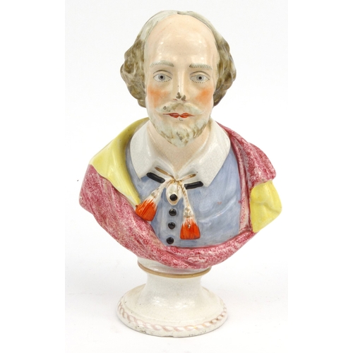 697 - Hand painted Staffordshire pottery bust of Shakespeare, 23cm high