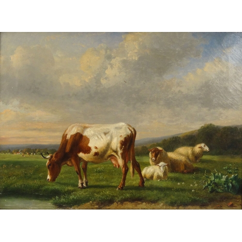 1128 - Louis Pierre Verwée - Oil onto canvas view of cattle and sheep in a landscape setting, gilt framed, ... 