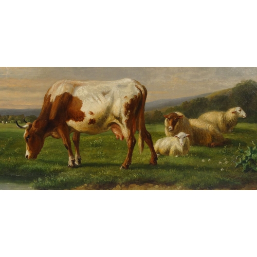 1128 - Louis Pierre Verwée - Oil onto canvas view of cattle and sheep in a landscape setting, gilt framed, ... 
