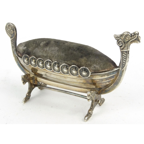 80 - Novelty silver longboat pincushion, hallmarked Birmingham 1908-09, 11cm long