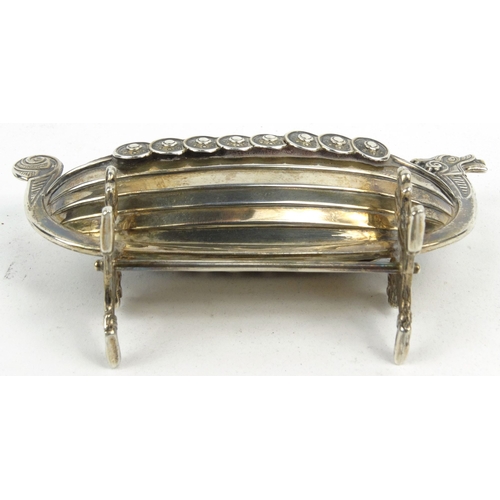 80 - Novelty silver longboat pincushion, hallmarked Birmingham 1908-09, 11cm long