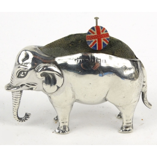 78 - Novelty silver elephant pincushion, hallmarked Birmingham 1905-06, 4.5cm high