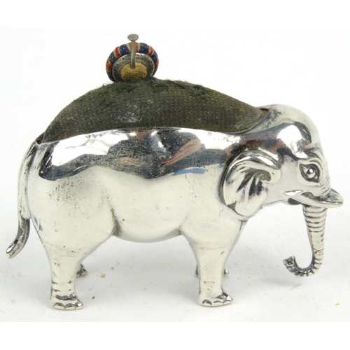 78 - Novelty silver elephant pincushion, hallmarked Birmingham 1905-06, 4.5cm high