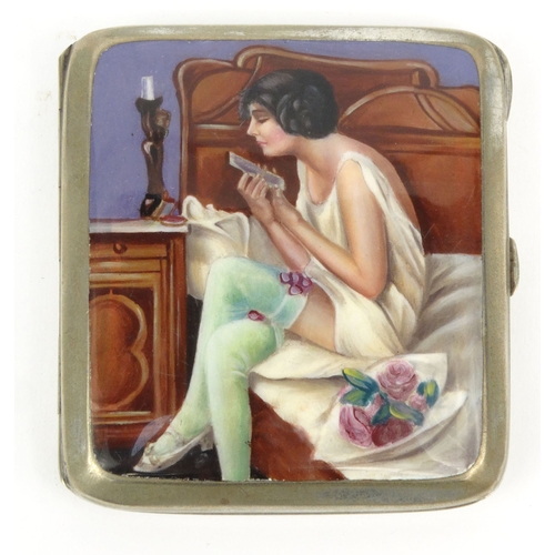 38 - Edwardian silver metal cigarette case decorated with enamelled risqué lady seated on a bed doing her... 