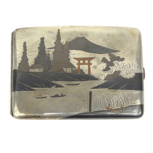 584 - Oriental Japanese sterling silver cigarette case decorated with landscape scenes, 11cm diameter