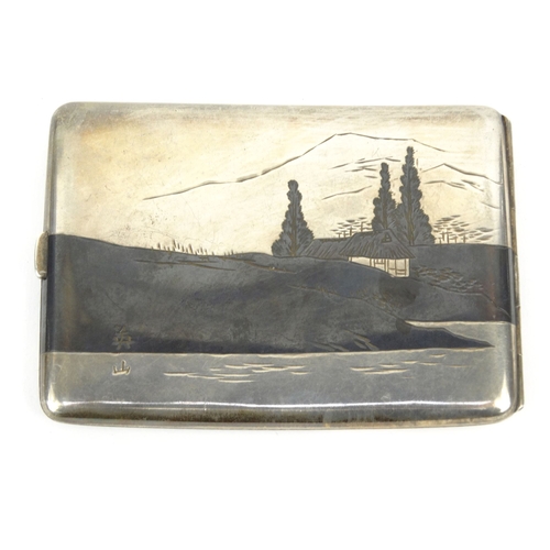 584 - Oriental Japanese sterling silver cigarette case decorated with landscape scenes, 11cm diameter