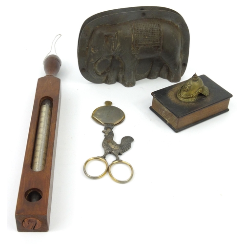 48 - Novelty interest tinplate elephant jelly mould, numbered 8304, mahogany thermometer, pair of silver ... 