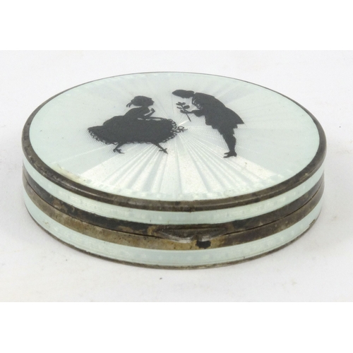 39 - Circular silver and guilloche enamelled compact, the lid decorated with a view of a courting couple,... 