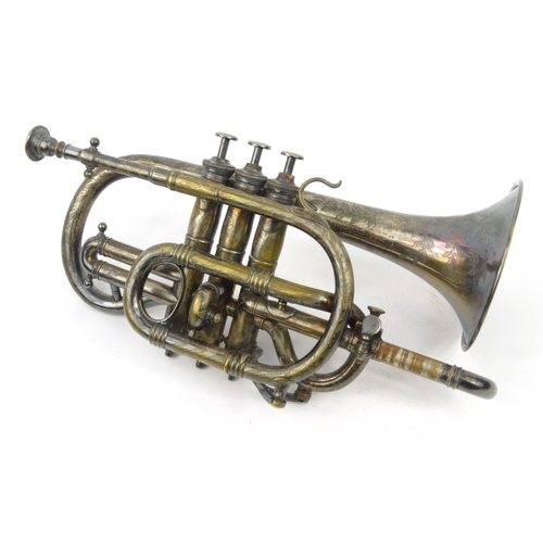 293 - Floral chased silver plated trumpet, housed in original canvas and leather carrying case, 35cm diame... 