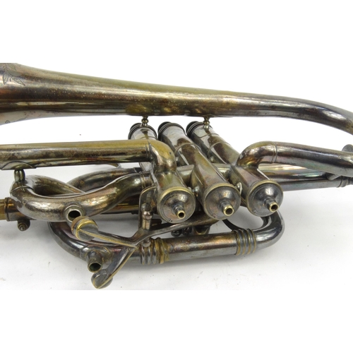 293 - Floral chased silver plated trumpet, housed in original canvas and leather carrying case, 35cm diame... 