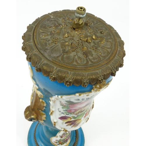 720 - Continental porcelain table lamp hand painted with panels of flowers, with gilt metal mounts, 38cm h... 