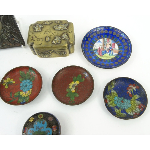 582 - Oriental Chinese cloisonné dishes, circular box and cover, antimony dragon photo frame and a brass b... 