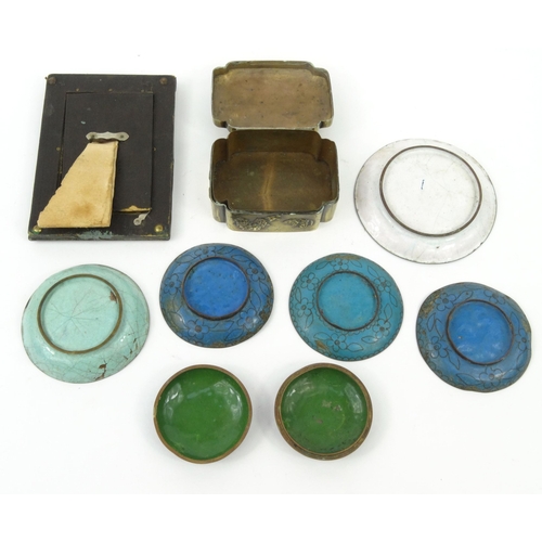 582 - Oriental Chinese cloisonné dishes, circular box and cover, antimony dragon photo frame and a brass b... 