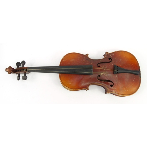 288 - Old wooden cased violin and a cello bow, the back 37cm long