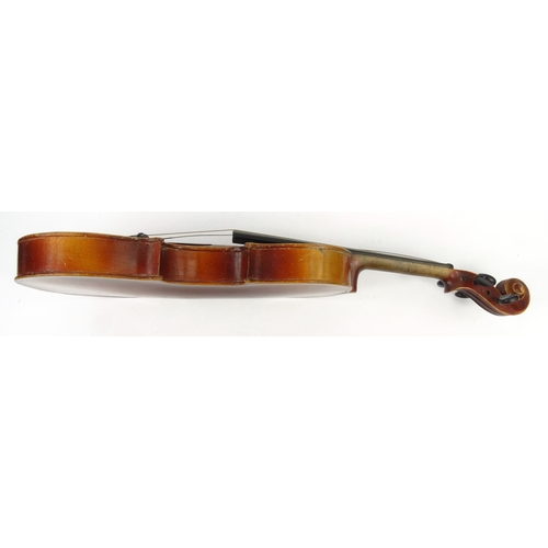288 - Old wooden cased violin and a cello bow, the back 37cm long