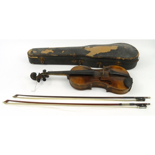 289 - Old wooden cased violin with two bows and paper label for N. Lupotluthier de la Musique de Roi et de... 